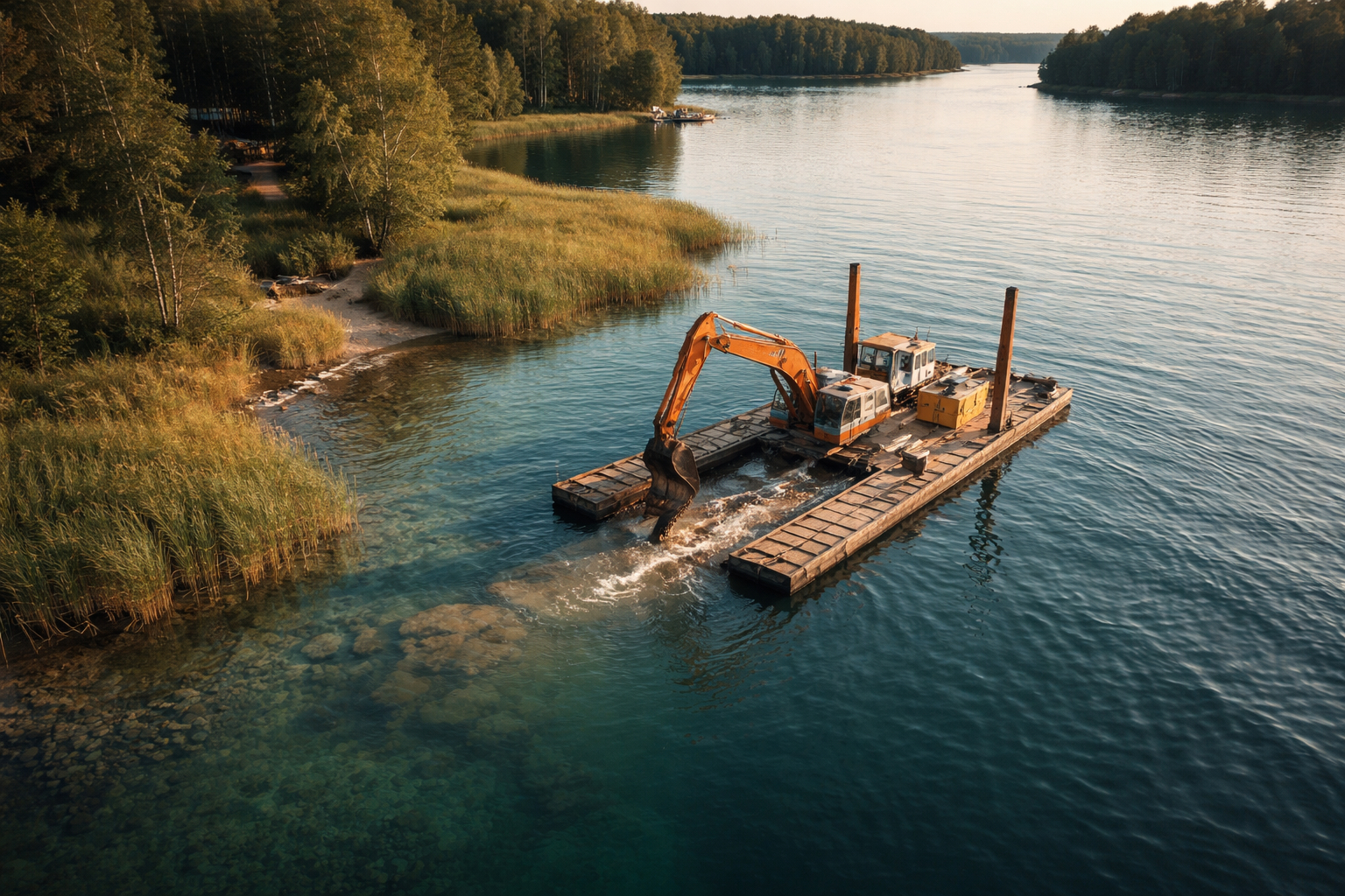 Drönarfoto över sjögrävning och muddring vid svensk sjö