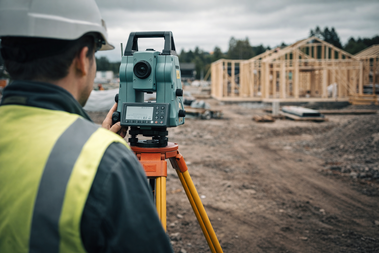 Inmätning med totalstation på byggarbetsplats för bygglovsunderlag
